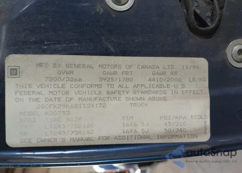 1995 Chevrolet Gmt-400 K2500 z USA, uszkodzony, nr VIN 2GCFK29K6S1124172